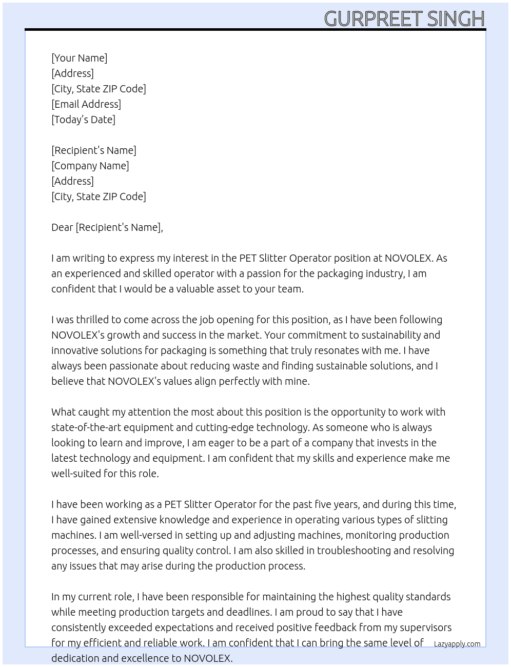 PET Slitter Operator At NOVOLEX Cover Letter