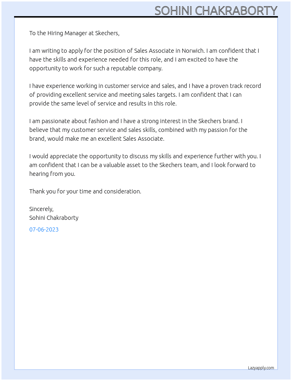 Sales Associate- Norwich  At Skechers Cover Letter