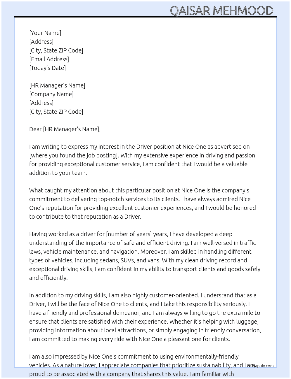 Driver At Nice one Cover Letter