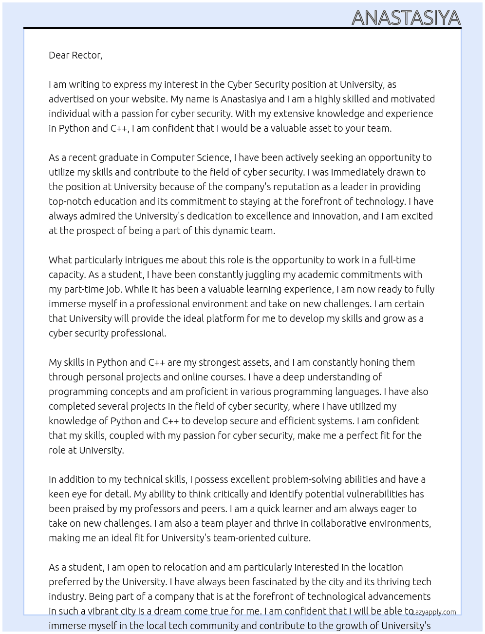 cyber security At University  Cover Letter