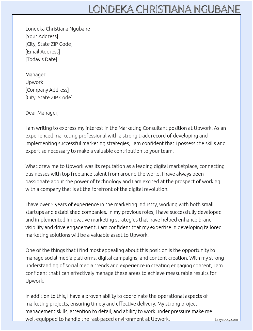 Cover letter for marketing consultant - LazyApply