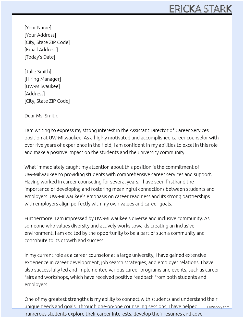 Assistant Director of Career Services At UW-Milwaukee Cover Letter