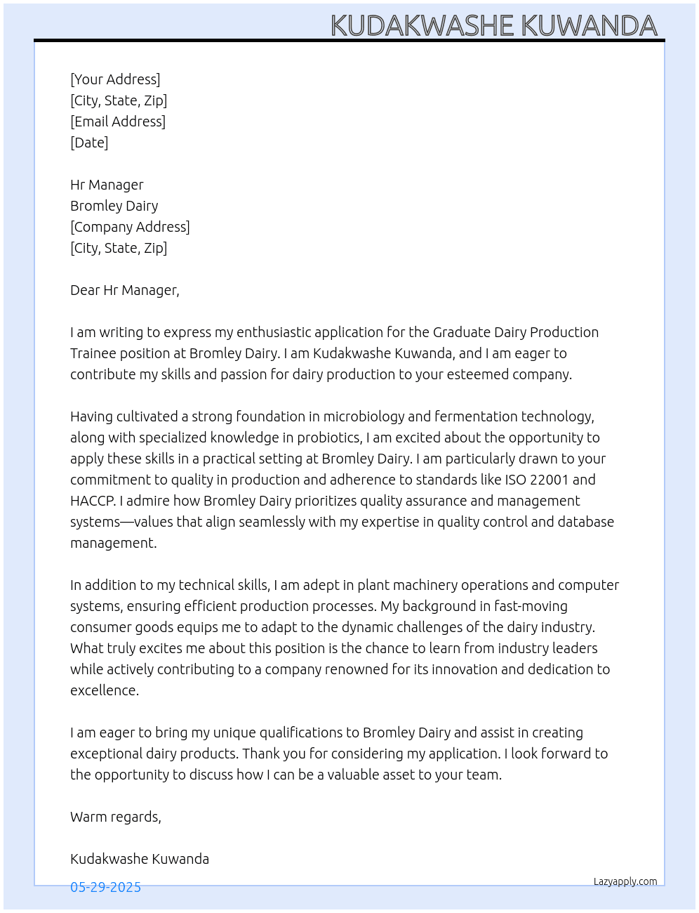 Graduate Dairy Production Trainee Application At Bromley dairy  Cover Letter