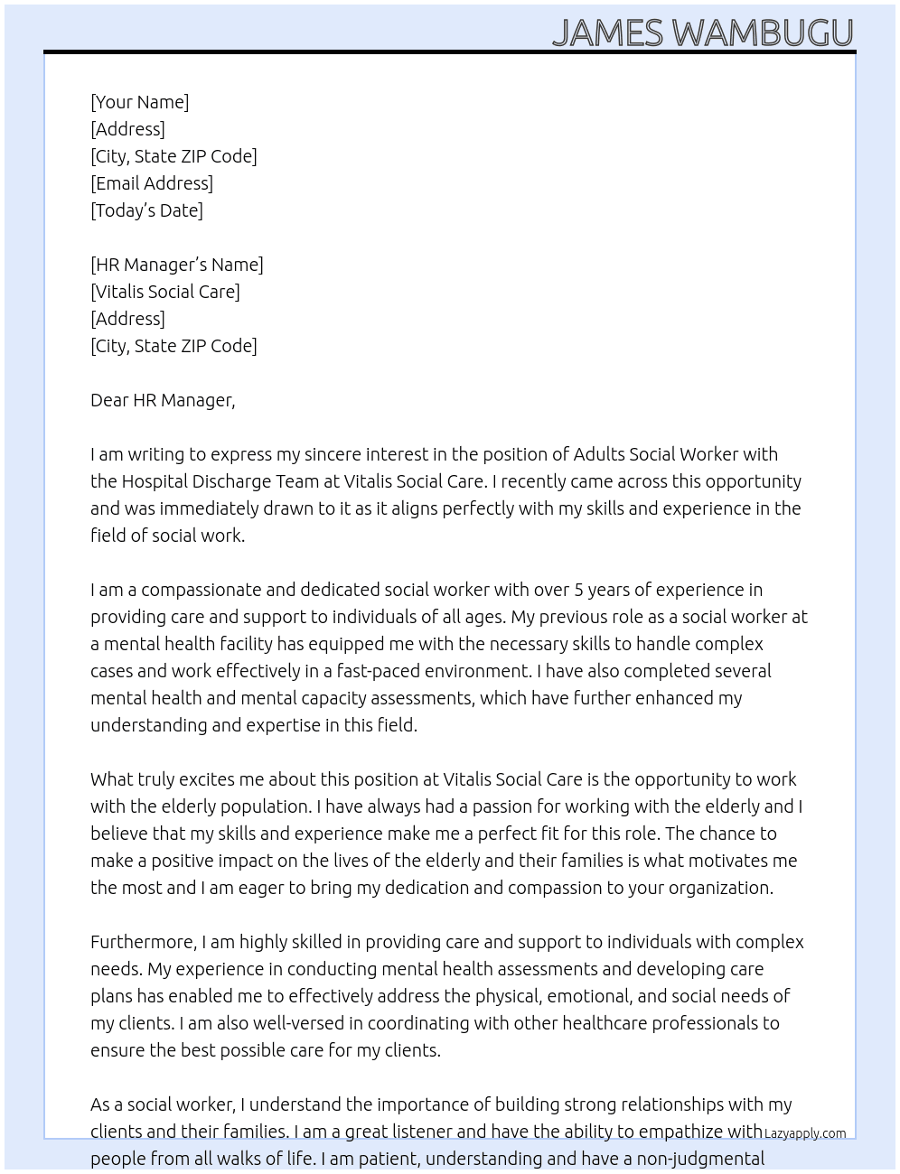 Cover letter for adults social worker, hospital discharge team - LazyApply