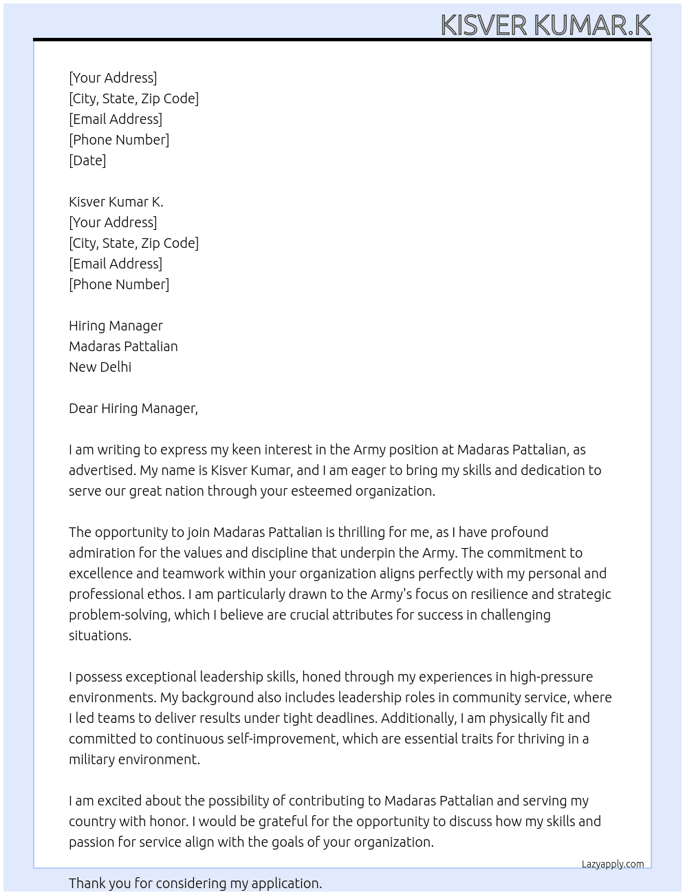 Cover letter for army - LazyApply