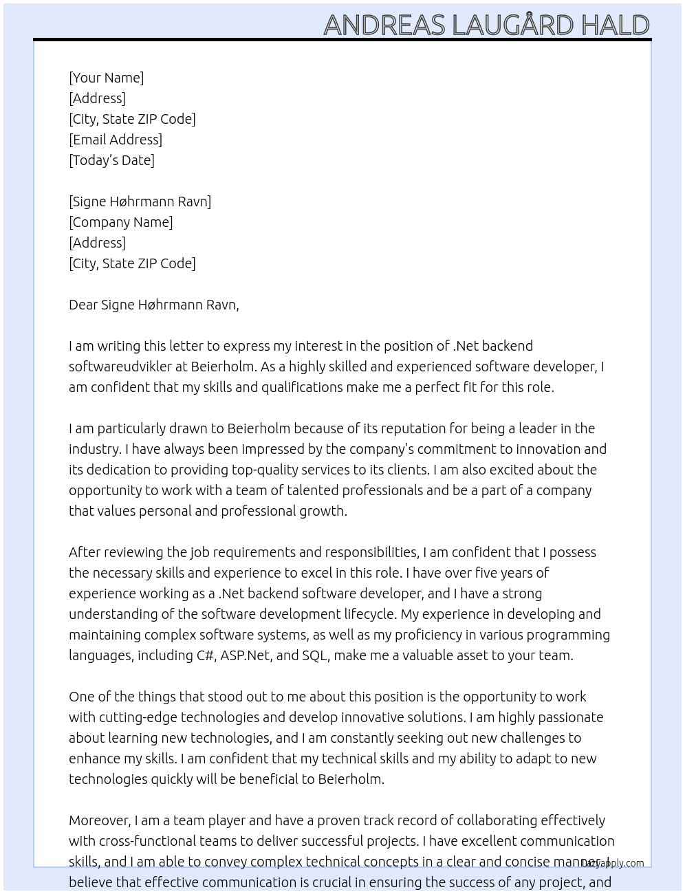 .Net backend softwareudvikler At Beierholm Cover Letter