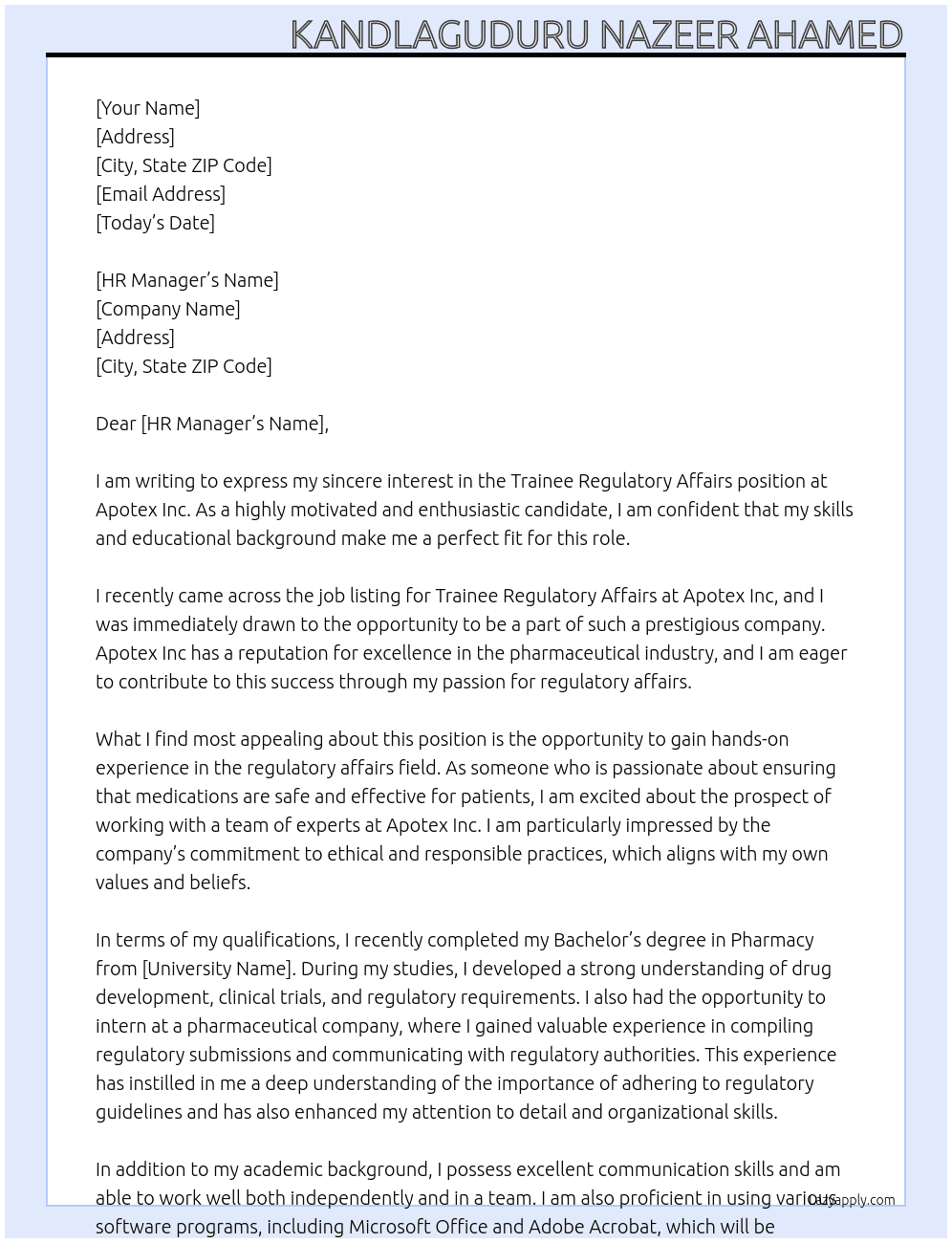 Trainee regulatory affairs  At Apotex Inc Cover Letter