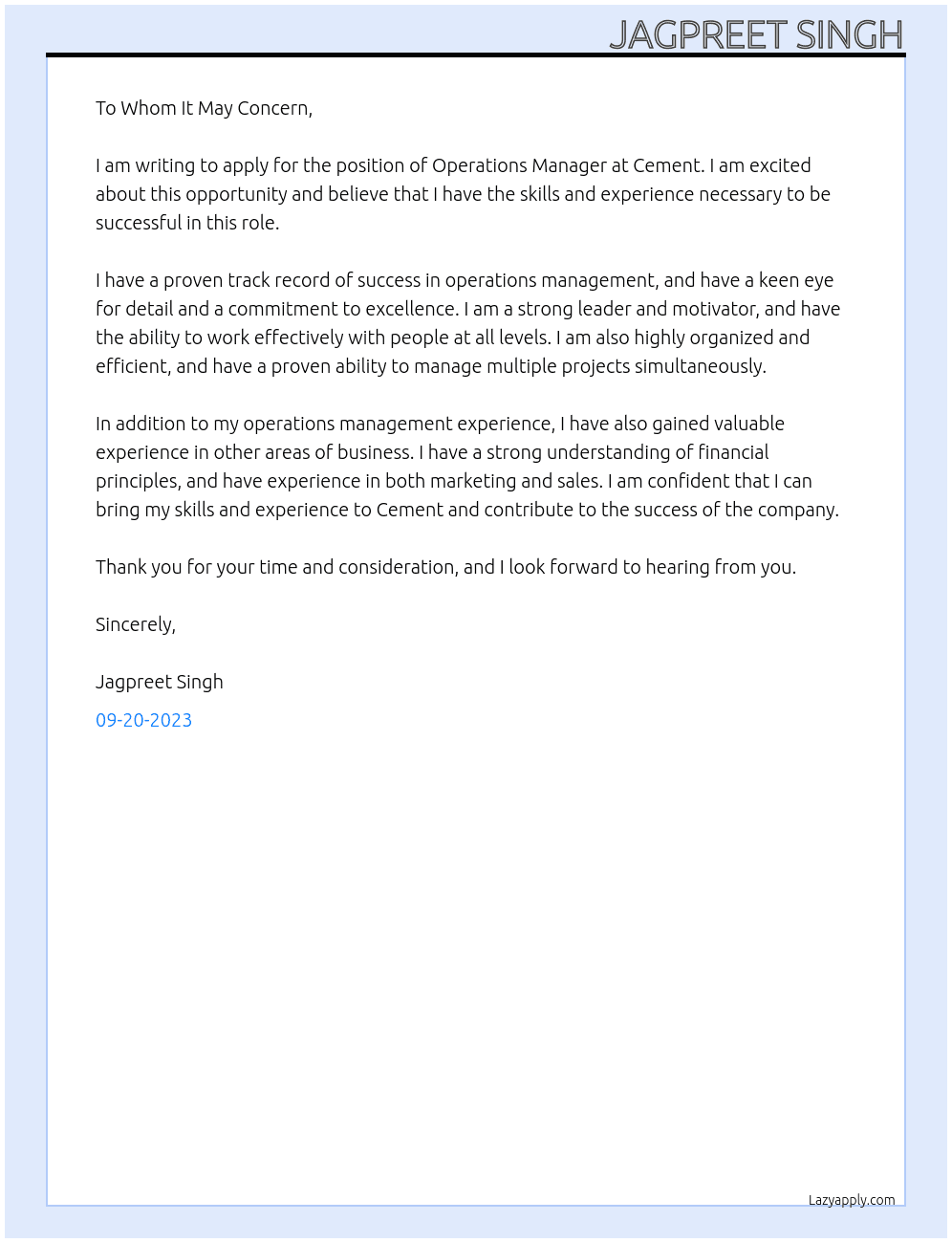 Operation Manager  At Cement  Cover Letter