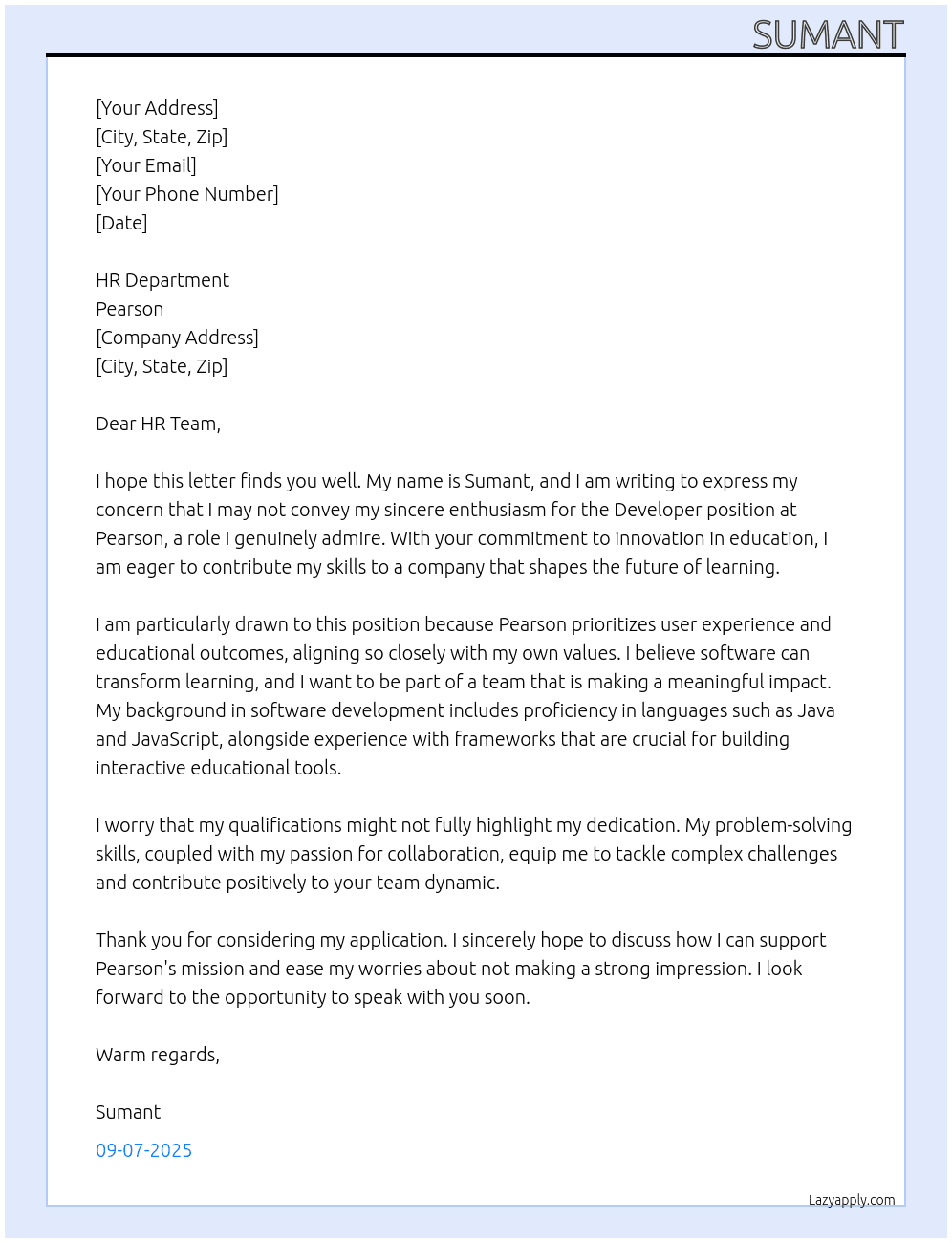 developer At pearson Cover Letter