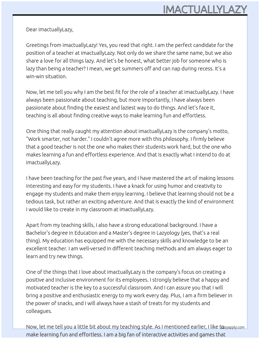 Teacher At imactuallyLazy Cover Letter
