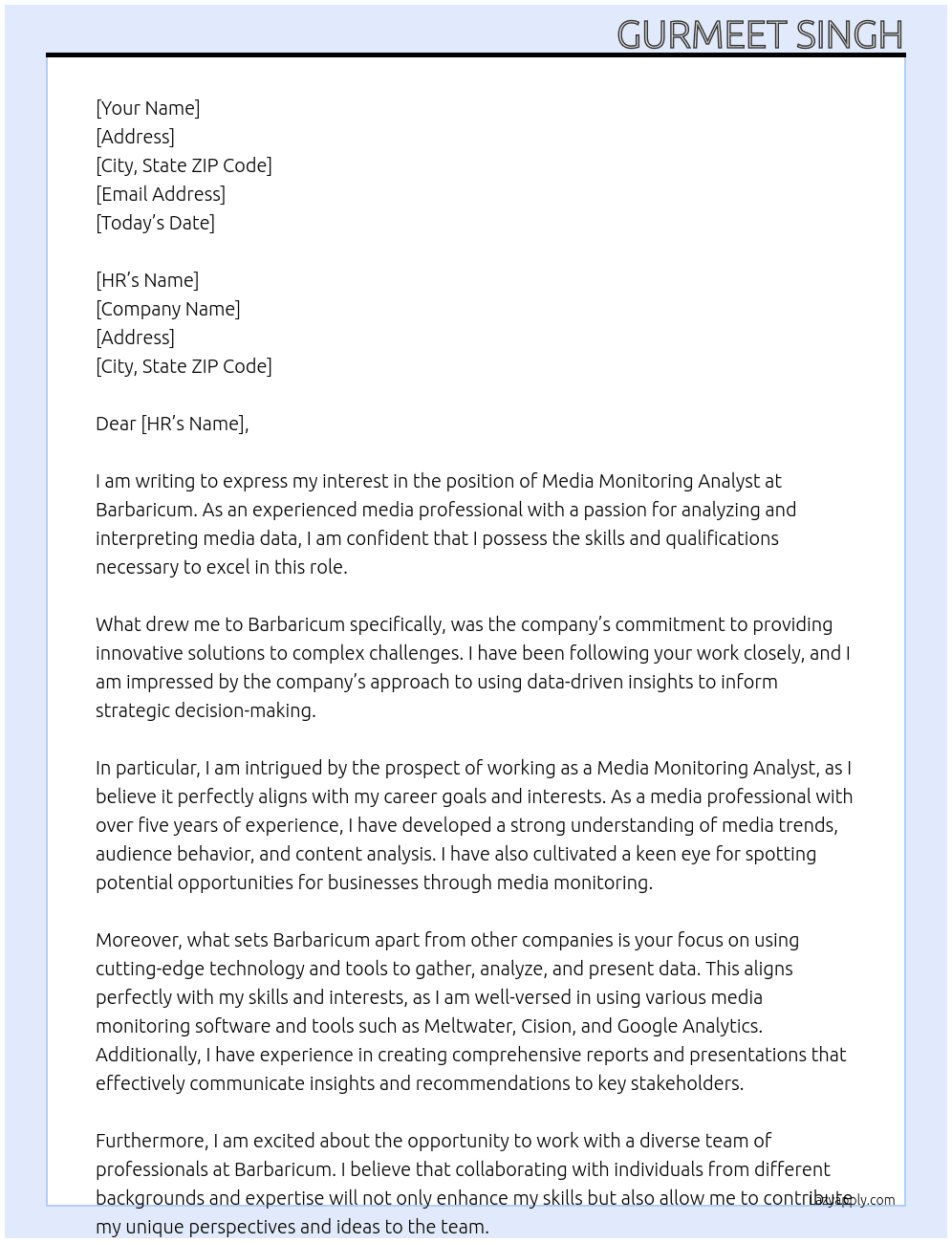 Media Monitoring Analyst At Barbaricum Cover Letter