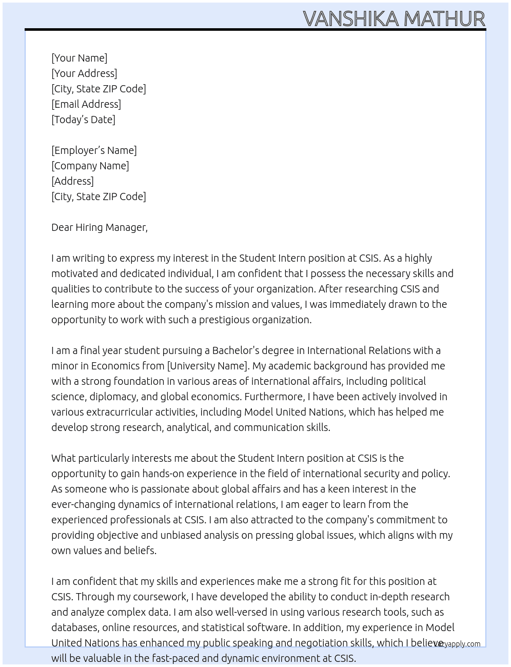 Student intern At CSIS Cover Letter