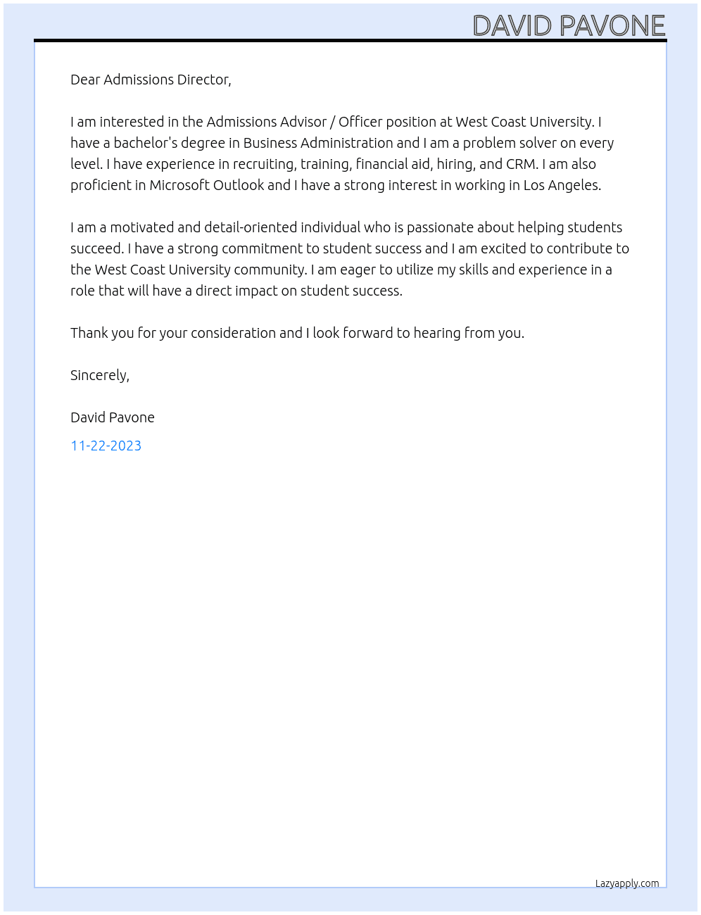Admissions Advisor / Officer At West Coast University Cover Letter