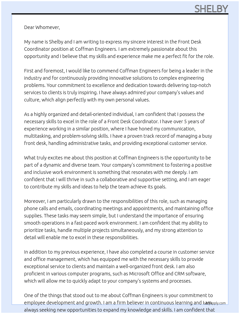 front desk coordinator At coffman engineers Cover Letter