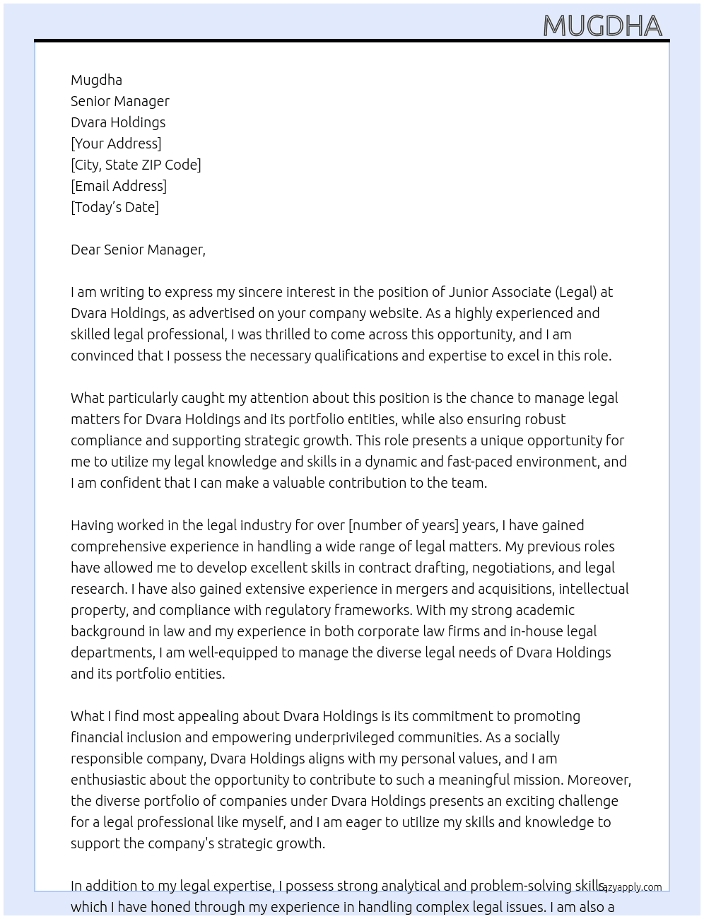 Junior Associate (Legal)  At Dvara Holdings Cover Letter
