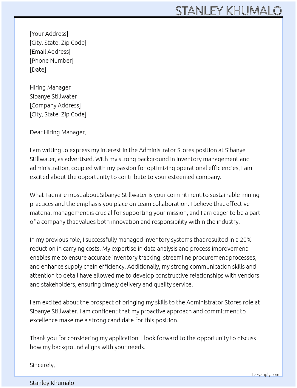 Cover letter for administrator stores - LazyApply