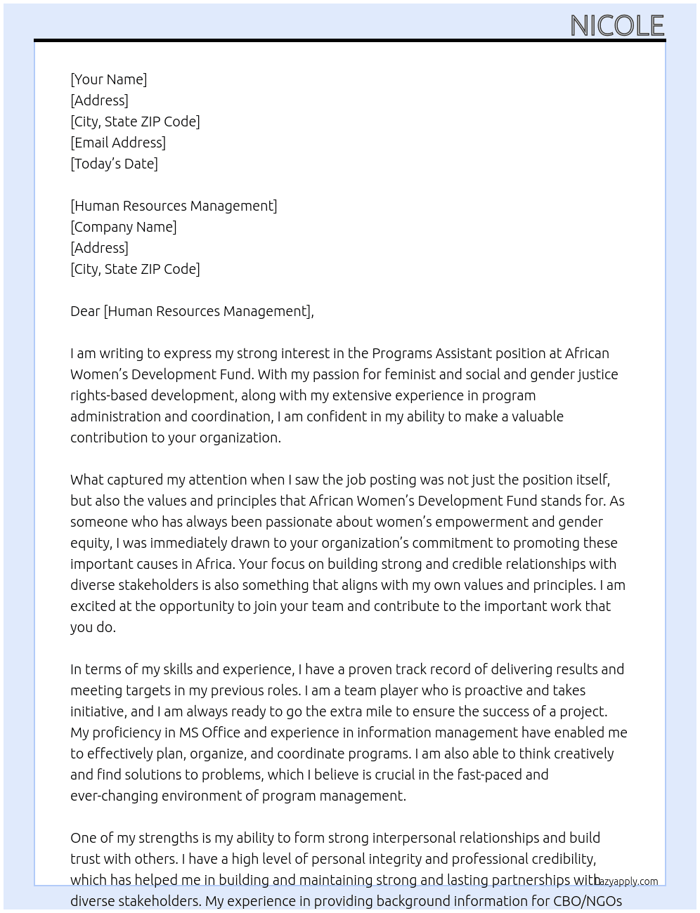 Programs assistant  At African womens development fund  Cover Letter