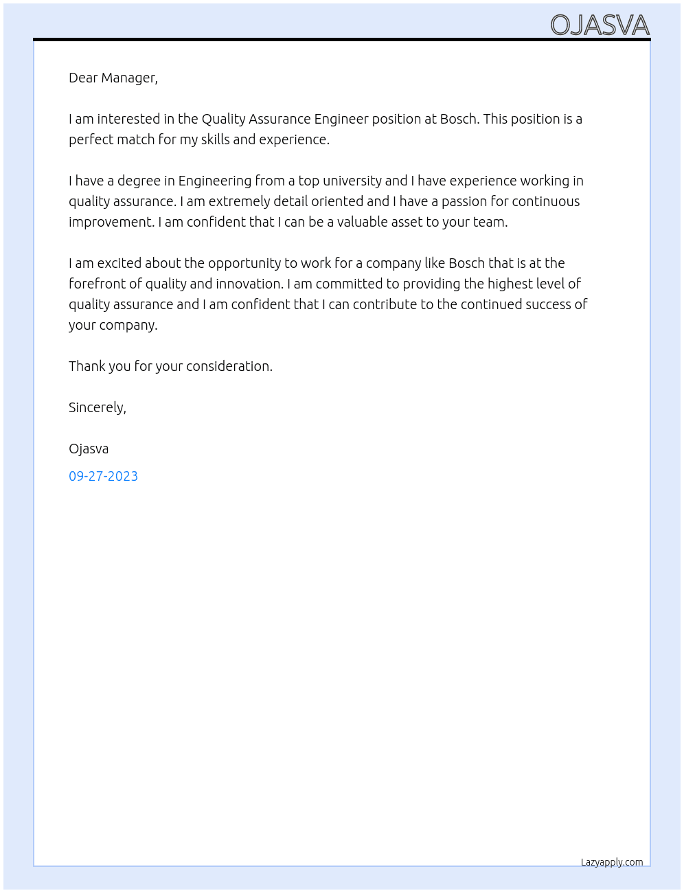 Quality Assurance Engineer At Bosch Cover Letter