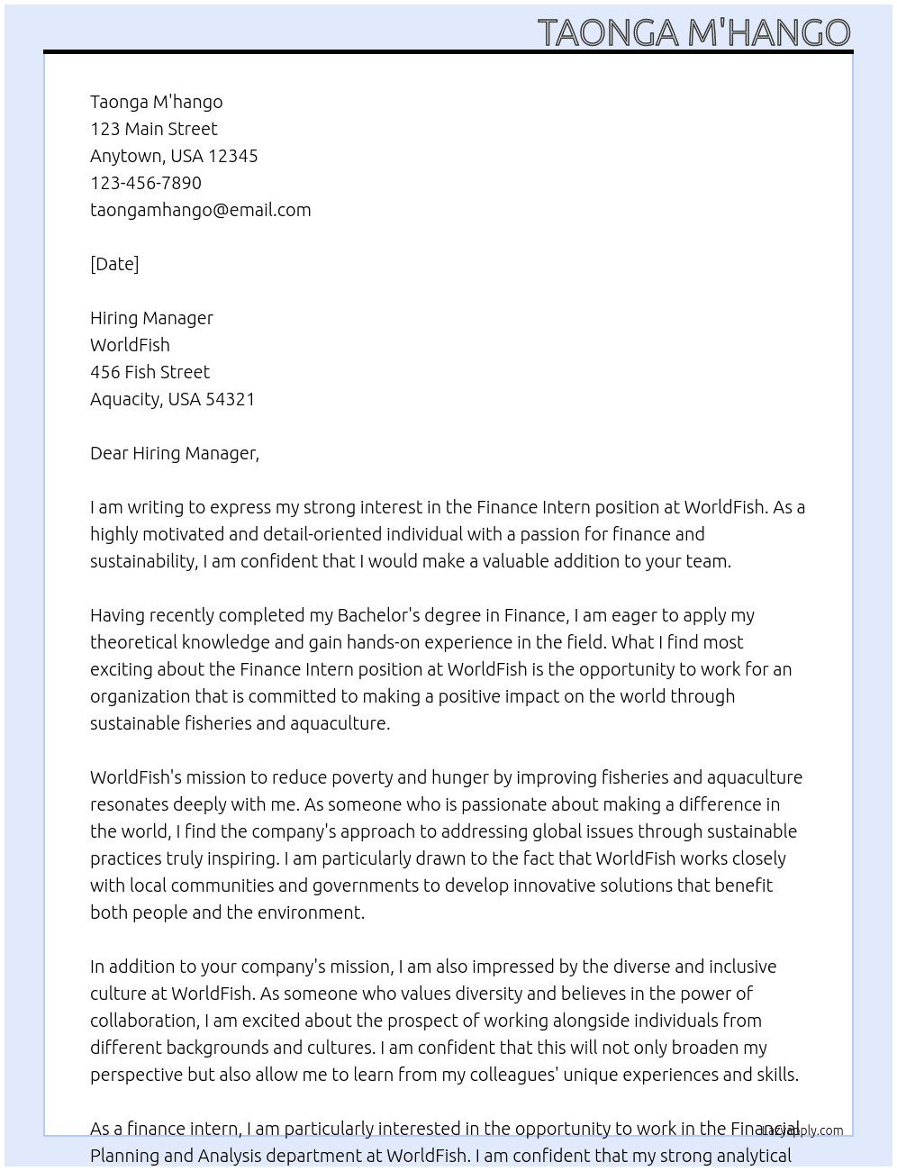 Finance Intern  At WorldFish  Cover Letter