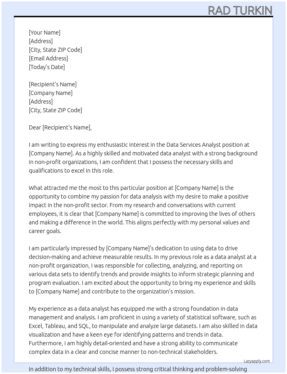 Data Services Analyst At non profit Cover Letter