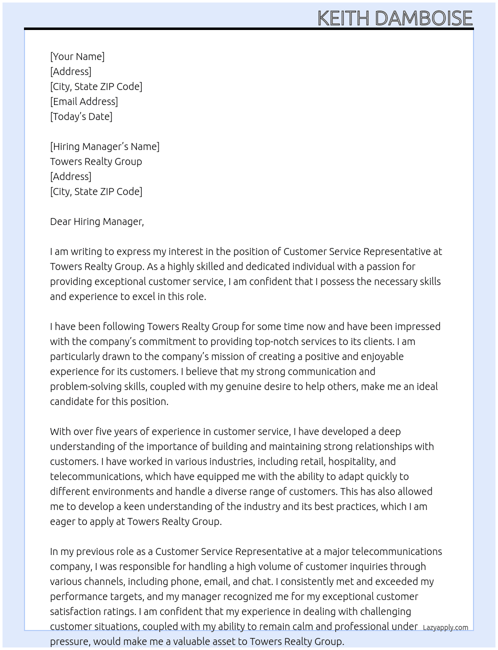 Customer Service Representative At Towers Realty Group Cover Letter