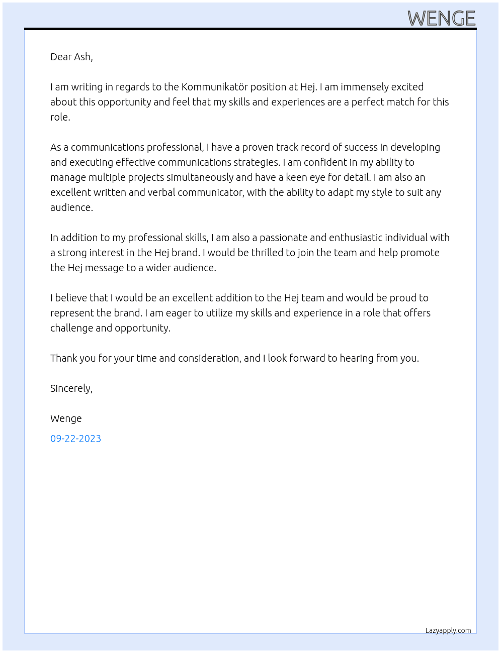 Kommunikatör At Hej Cover Letter