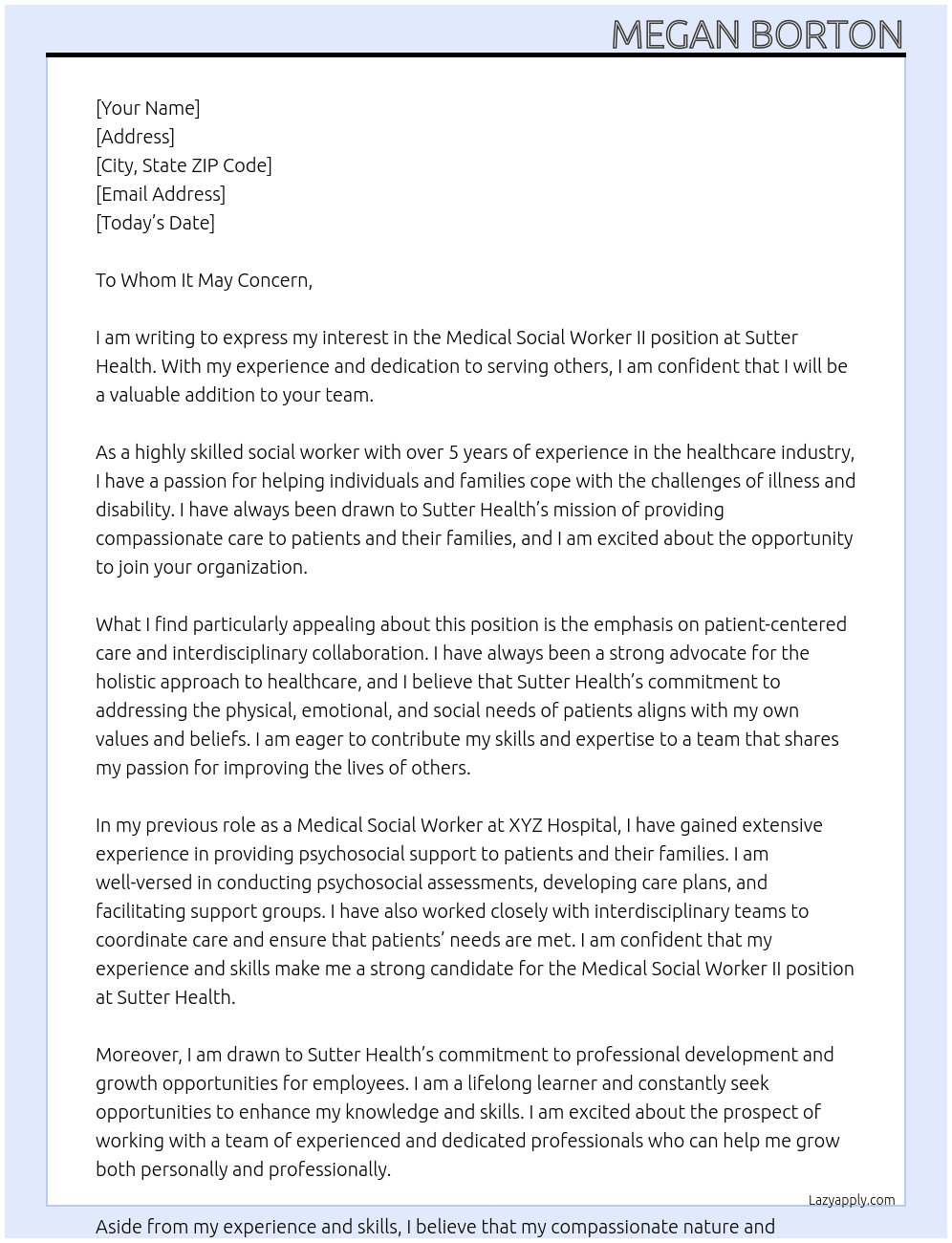 Medical Social Worker II At Sutter Health Cover Letter