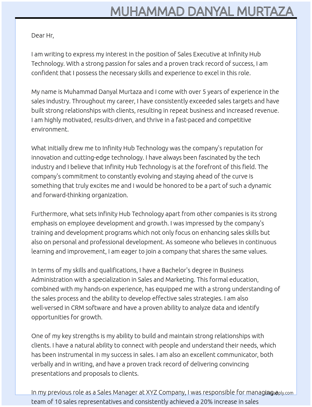 Sales Executive  At Infinity Hub Technology  Cover Letter