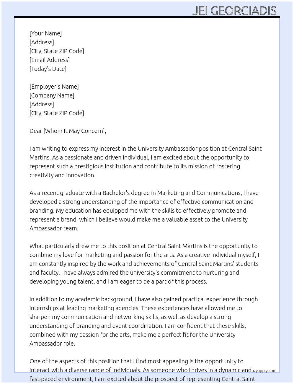 University ambassador At Central Saint Martins Cover Letter