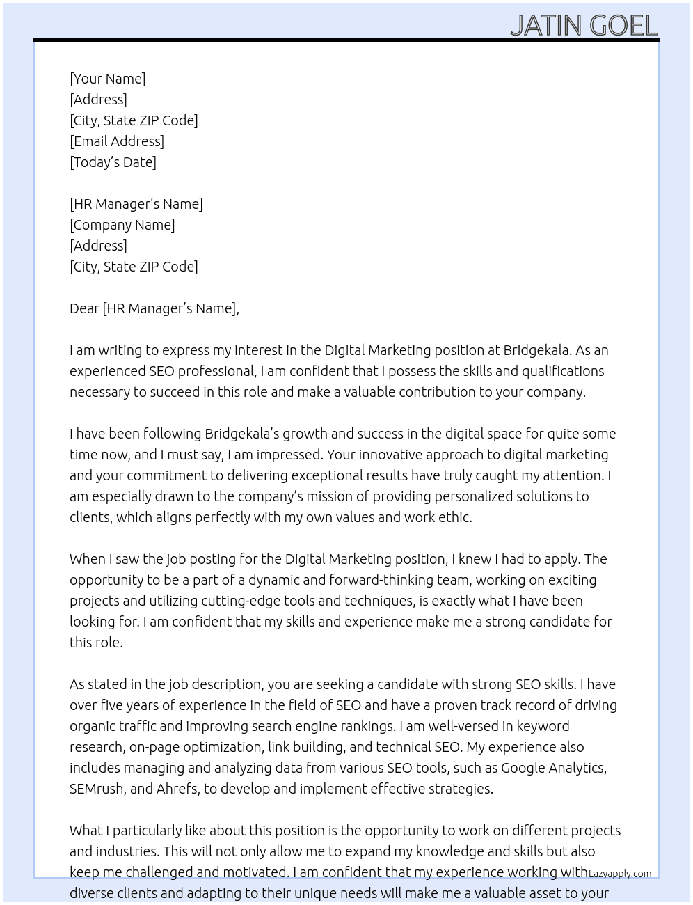 Digital marketing  At Bridgekala  Cover Letter
