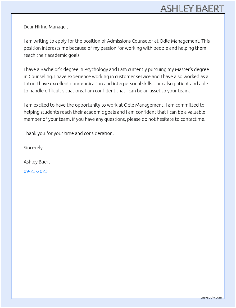 Admissions Counselor At Odle Management Cover Letter
