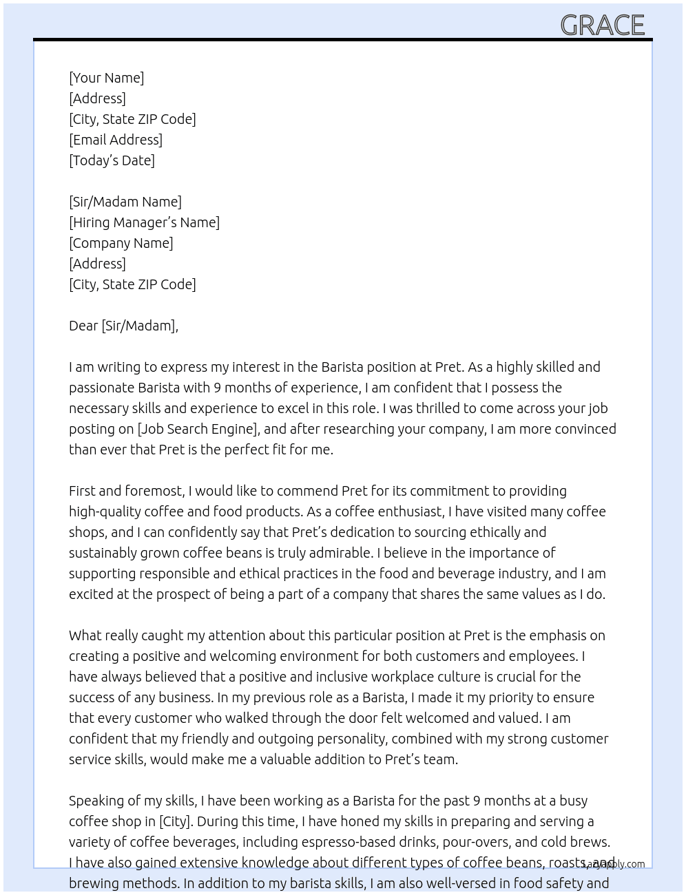 Barista At Pret  Cover Letter