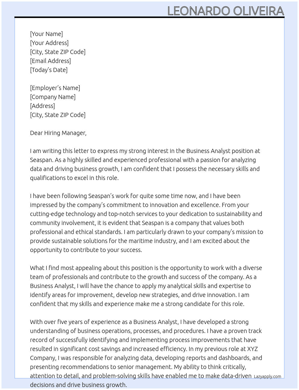 business analist At seaspan Cover Letter