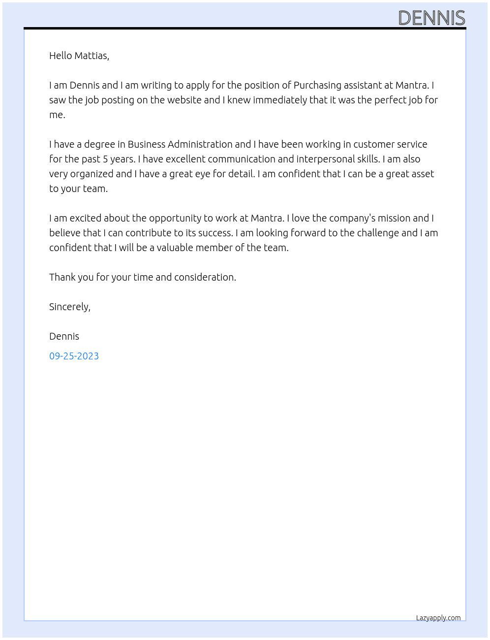 Purchasing assistant At Mantra Cover Letter