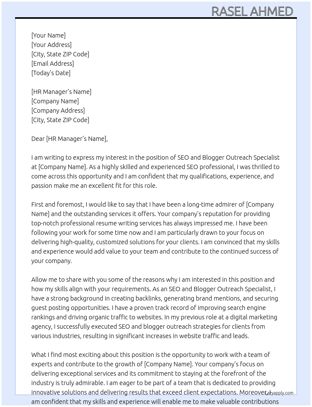 SEO and Blogger Outreach Specialist (backlinks, mentions, guest posting) At  prominent professional resume writing service based in Colorado, USA Cover Letter
