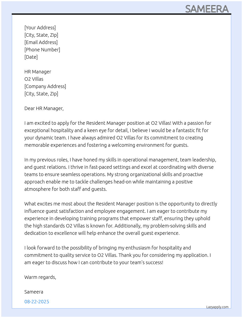 Reseident Manager At O2 Villas Cover Letter