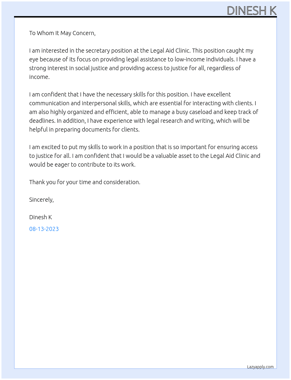 secretary  At Legal aid clinic Cover Letter