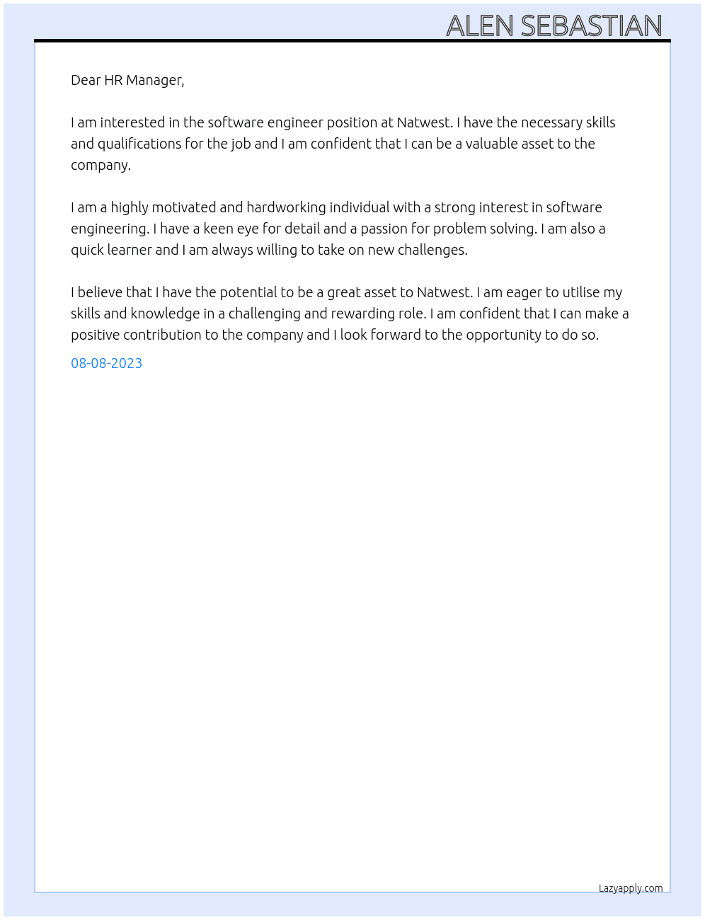 software engineer  At Natwest Cover Letter