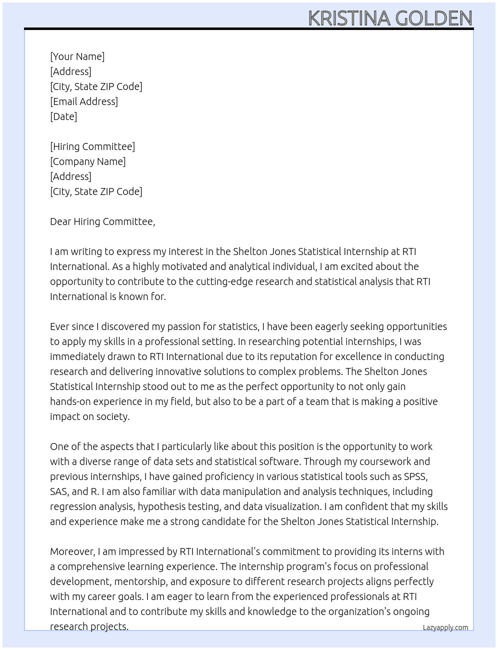 Shelton Jones Statistical Internship At RTI International Cover Letter