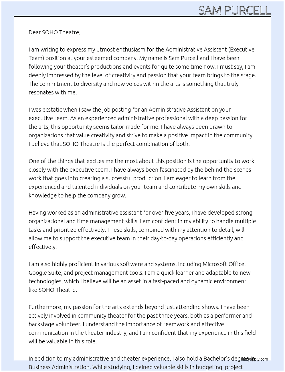 Administrative Assistant (Executive Team) At SOHO Theatre Cover Letter