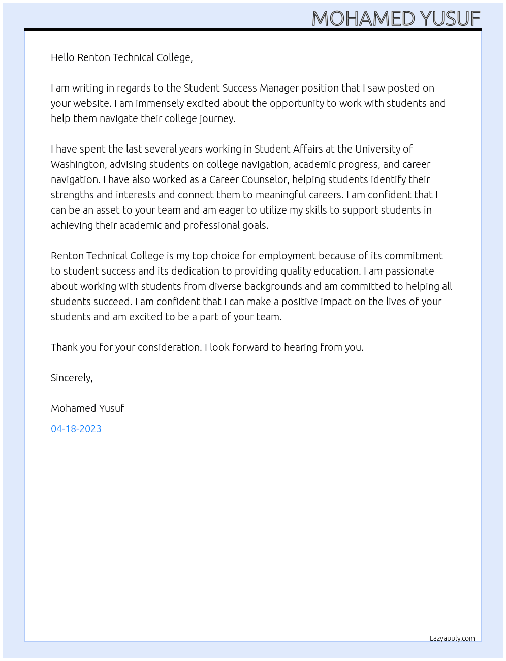 student succsess manager At renton technical college Cover Letter