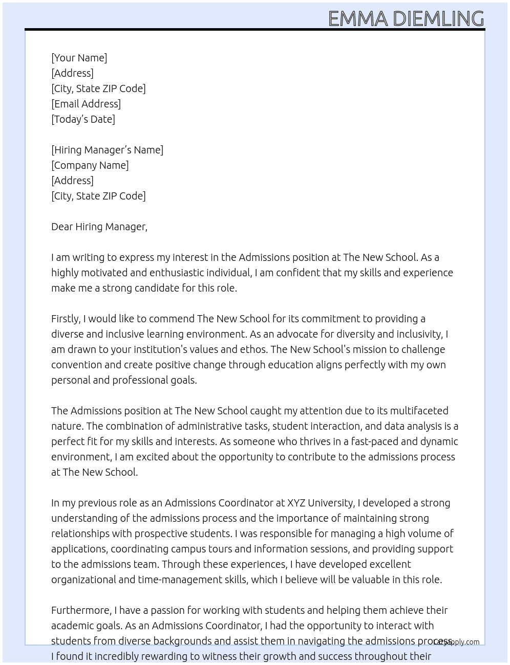 Admissions  At The New School Cover Letter