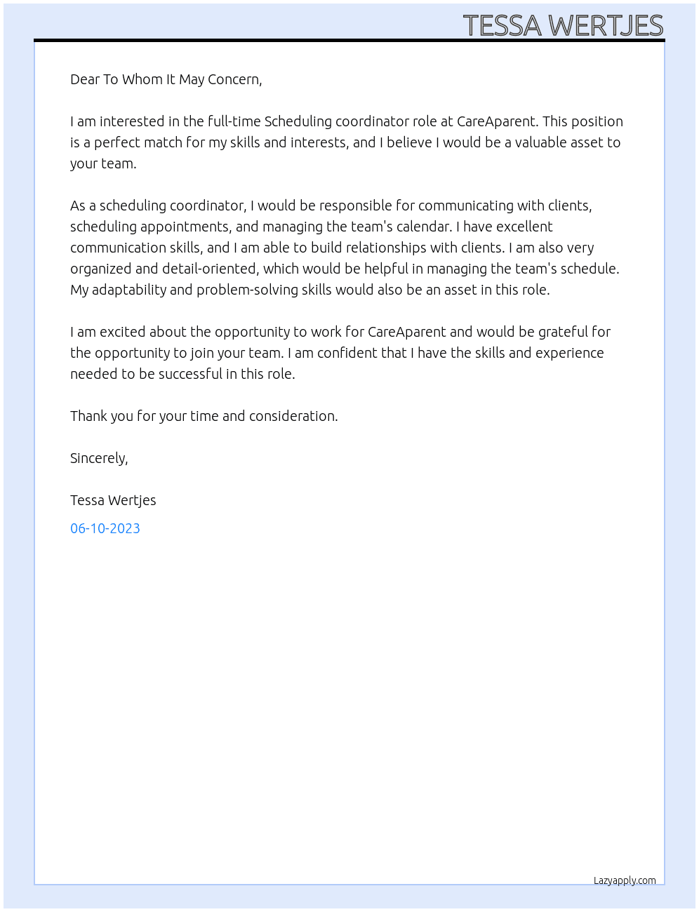 Scheduling coordinator  At CareAparent Cover Letter