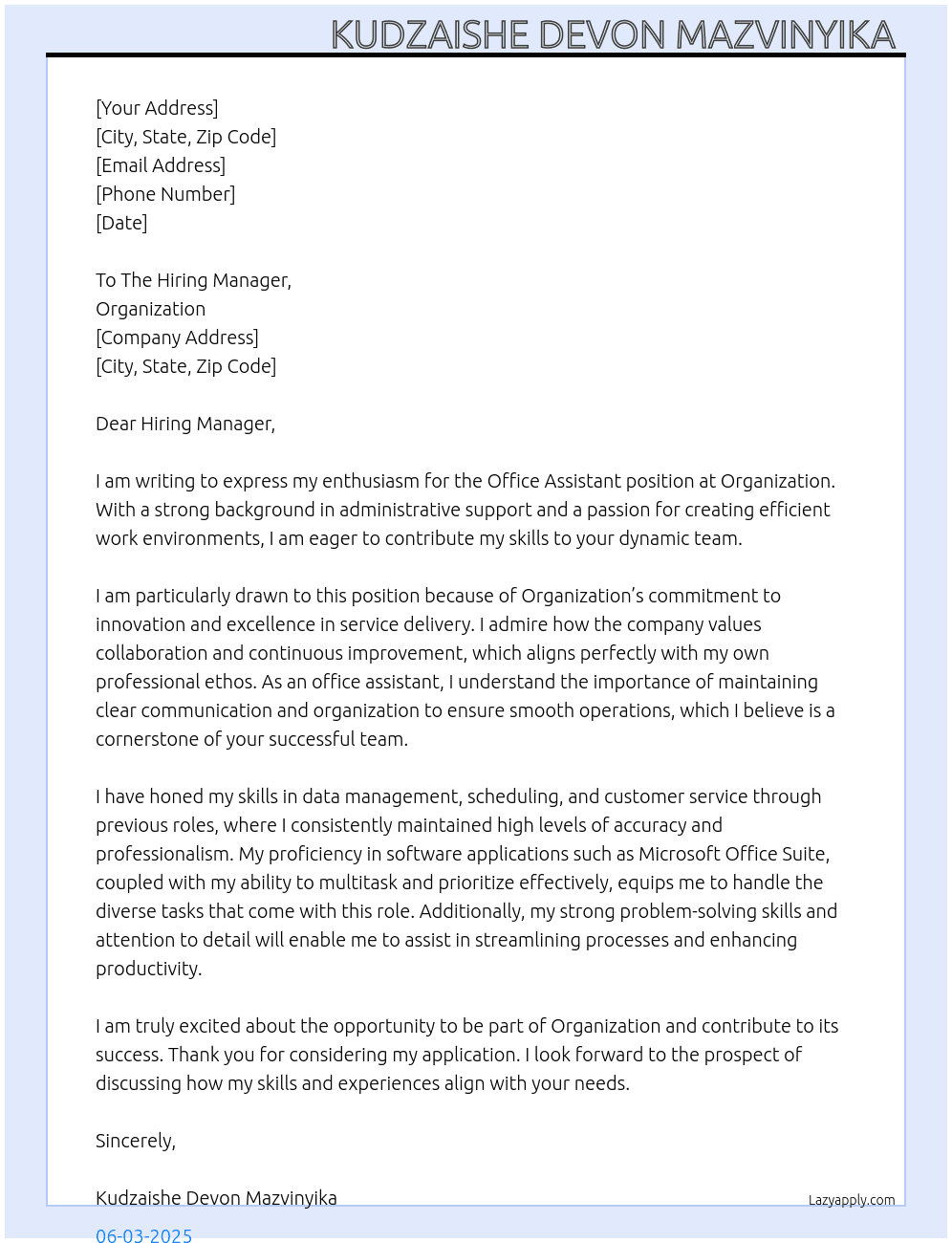 Office Assistant  At Organization  Cover Letter