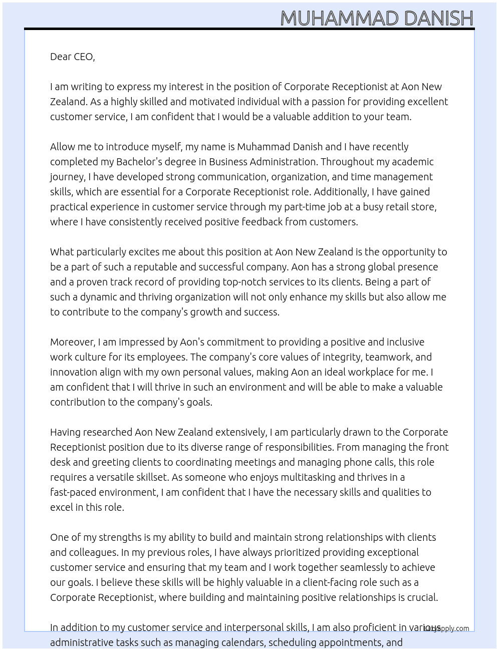 Corporate Receptionist At Aon New Zealand Cover Letter
