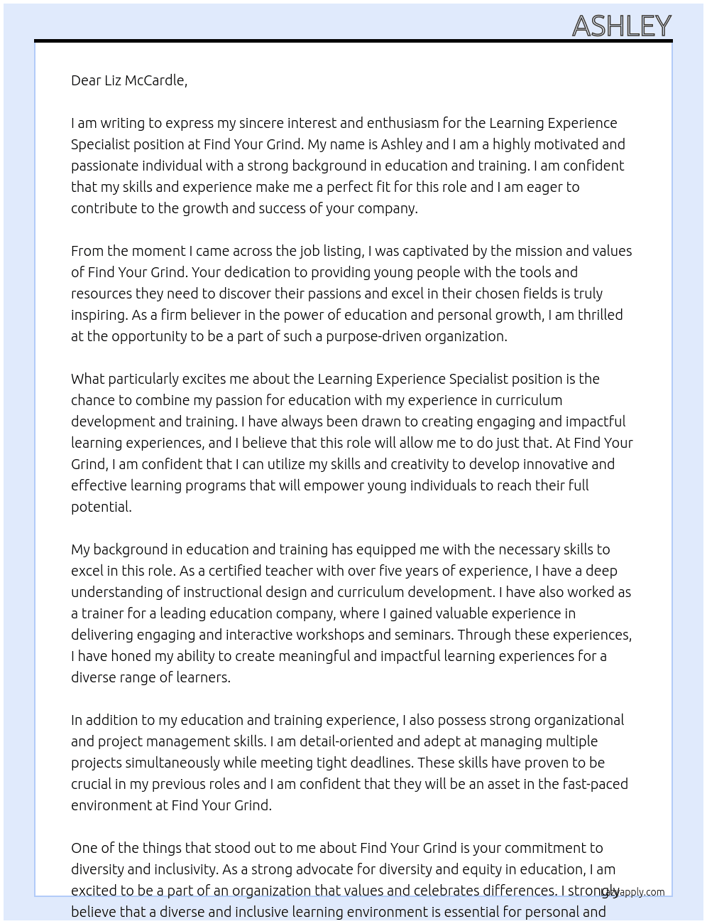 Learning Experience Specialist At Find Your Grind Cover Letter
