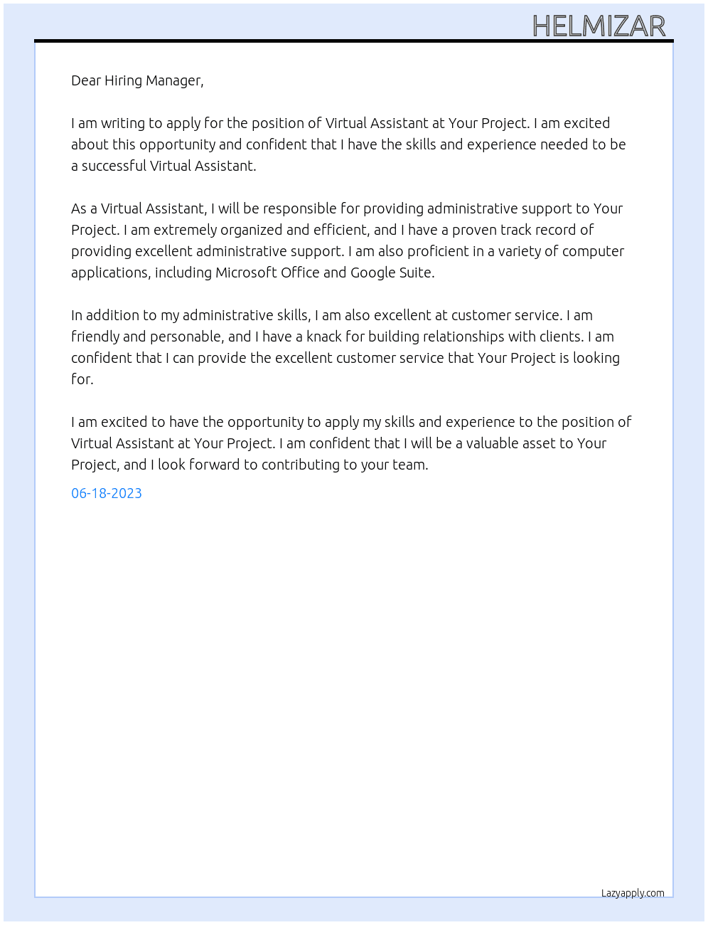 Virtual Assistant  At Your Project  Cover Letter