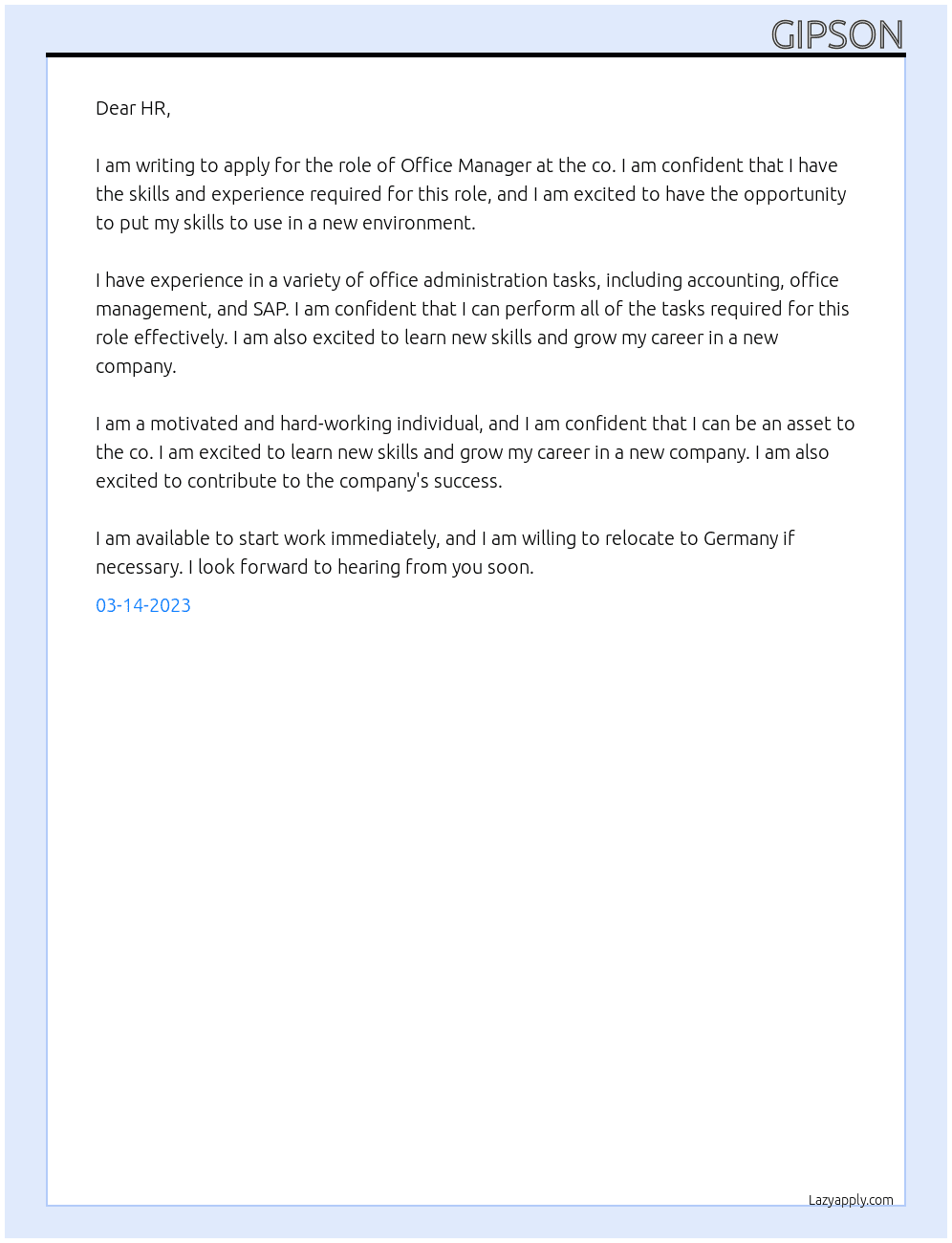Office management  At  for the co  Cover Letter