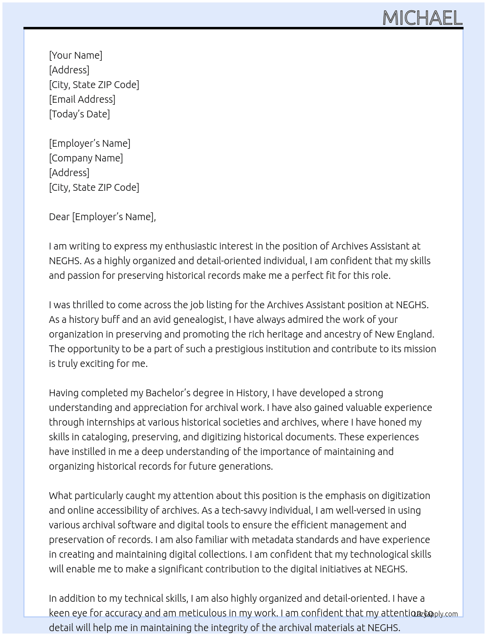 Archives Assistant At NEGHS Cover Letter