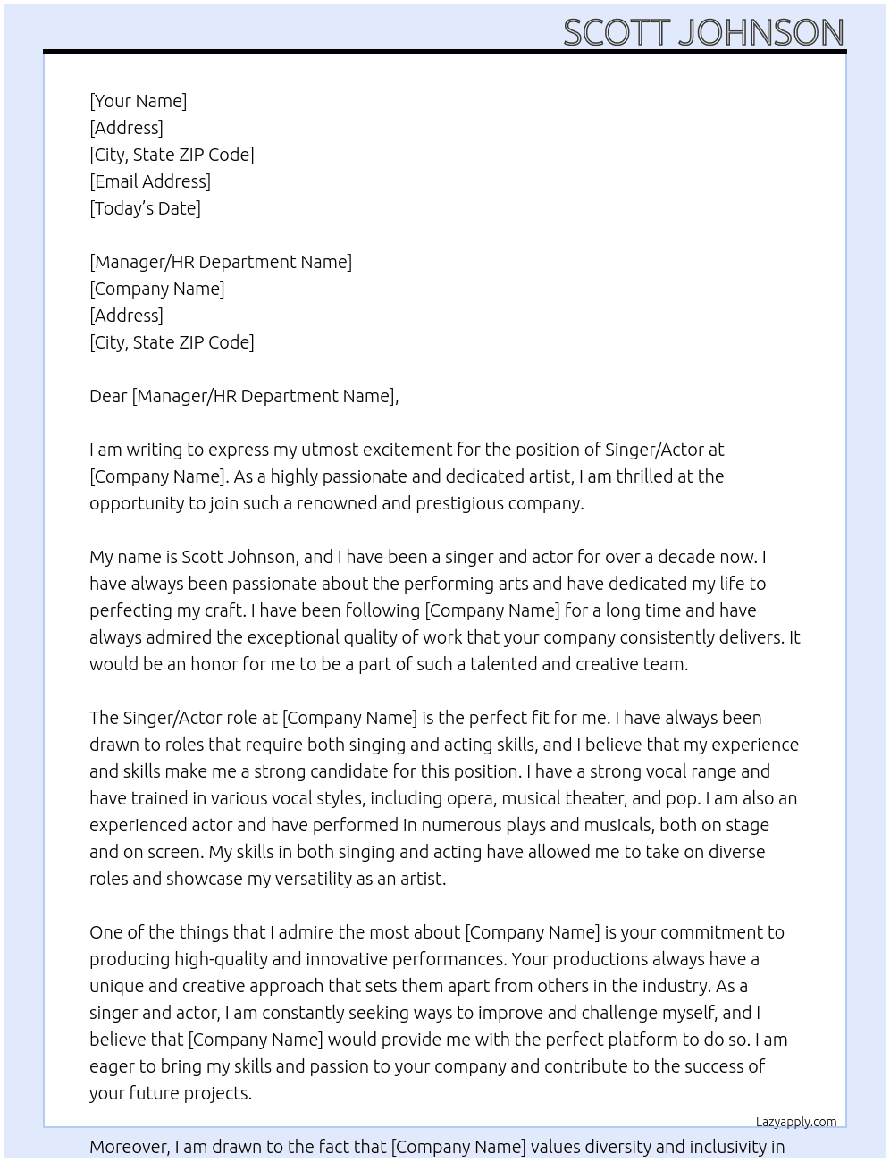 Singer  At Singer/ Actor Cover Letter
